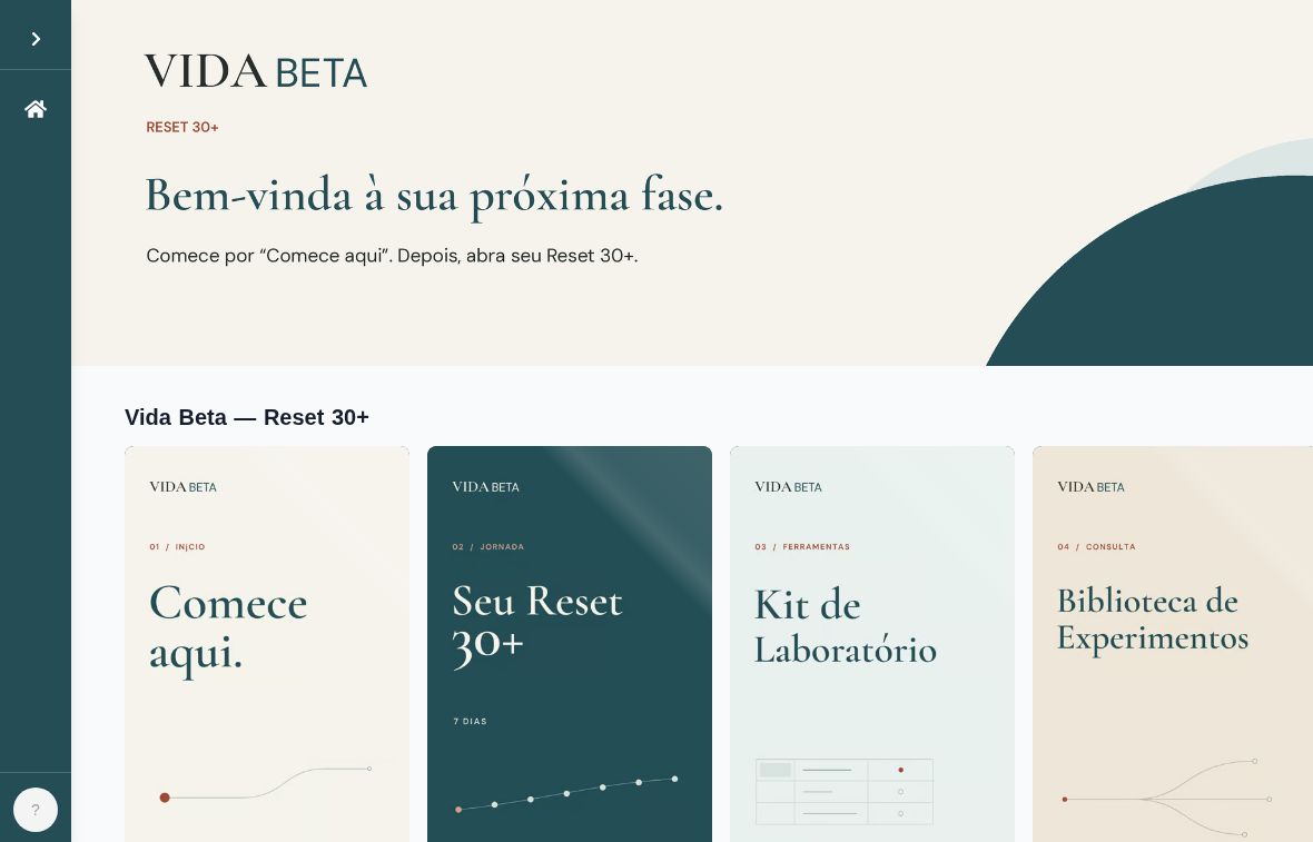 Captura real da área de membros do Vida Beta na Kiwify com os quatro módulos: Comece aqui, Seu Reset 30+, Kit de Laboratório e Biblioteca de Experimentos