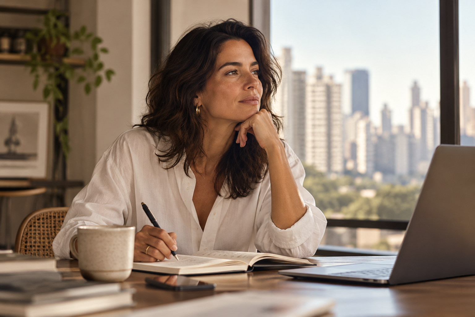 Cena editorial ilustrativa: mulher à mesa junto à janela, com uma caneta e um caderno aberto